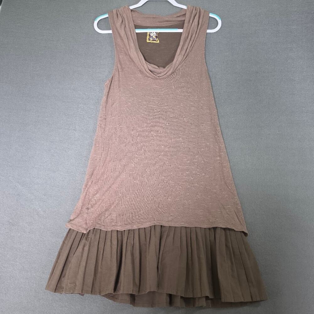 Free People Brown Cowl Neck Pleated Drop Waist Tunic Mini Dress Top Med RN66170